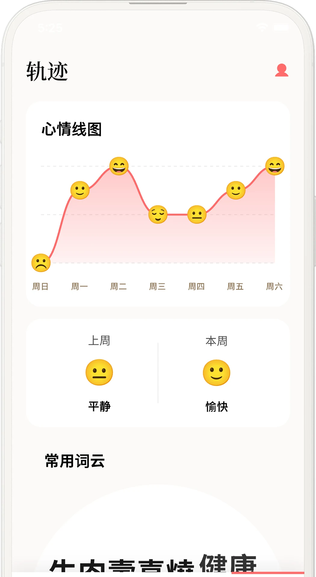 hana App 的轨迹画面:心情线图与常用词云