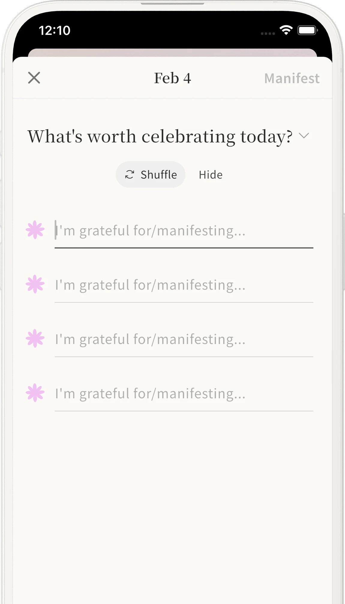 The hana app writing screen — a daily prompt and four gratitude lines
