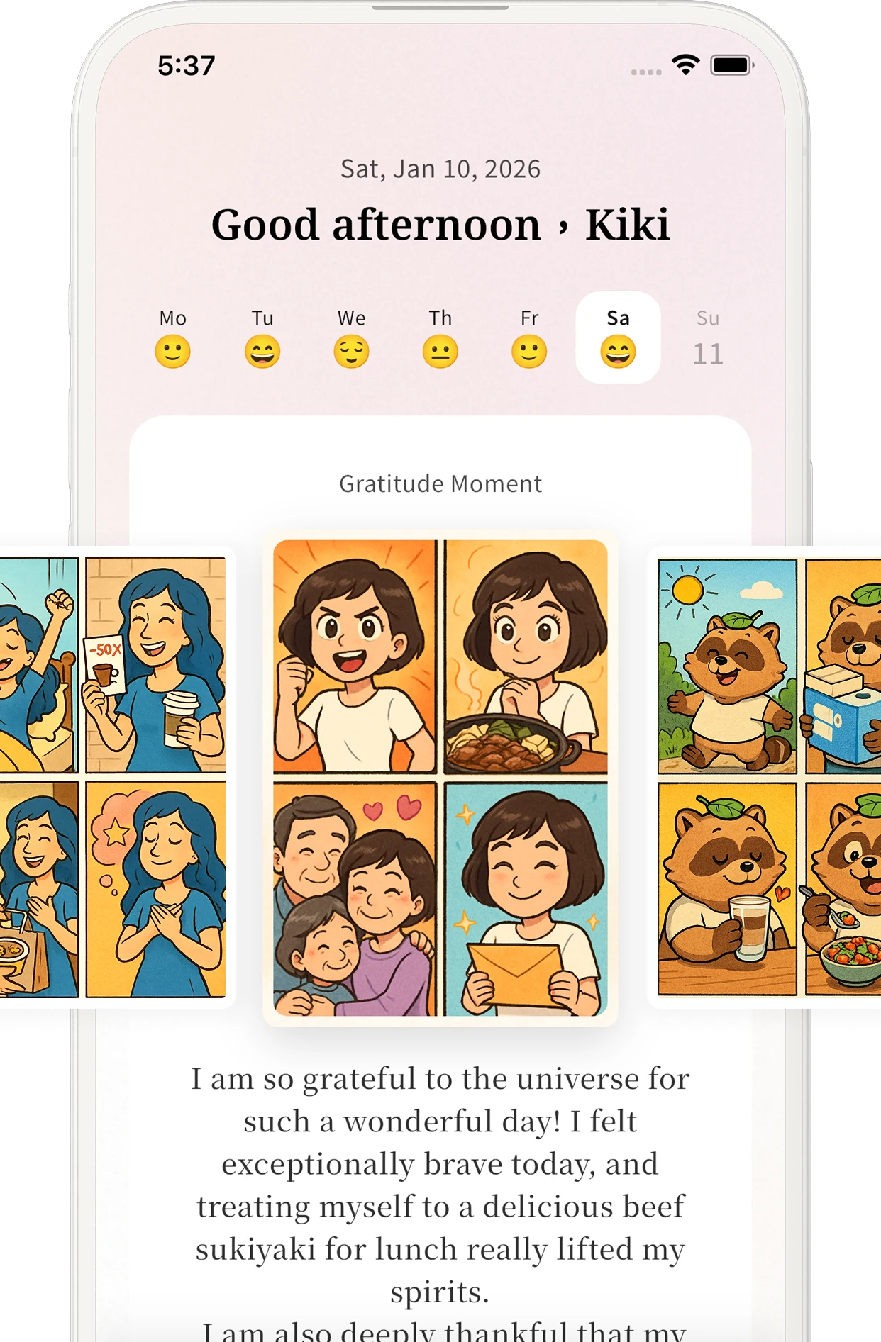The hana app home screen — a gratitude entry turned into a set of four illustrations